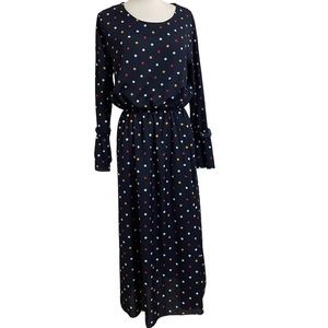 RETRO Women’s Navy Blue Midi Dress Gold Red Polka Dot Tiered Skirt and Sleeves